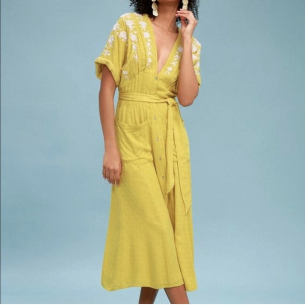 Free People Love to Love You mustard yellow embroidered dress, medium